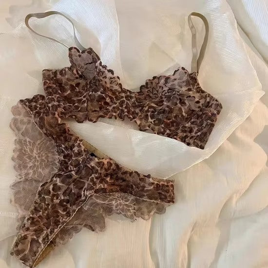 New Sexy Ladies Leopard Print Lace Underwear Set Super Thin Plus Size Bra Lingerie