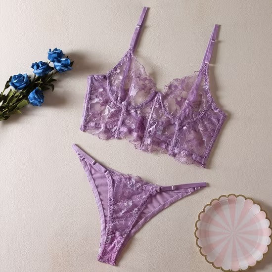 Embroidery Lace Fishbone 2 Piece Underwear Set Sexy Erotic Women's Lingerie
