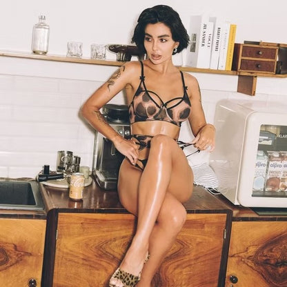 New Design Leopard Print Bra Set with Stockings Sexy Transparent Mesh Woman Lingerie