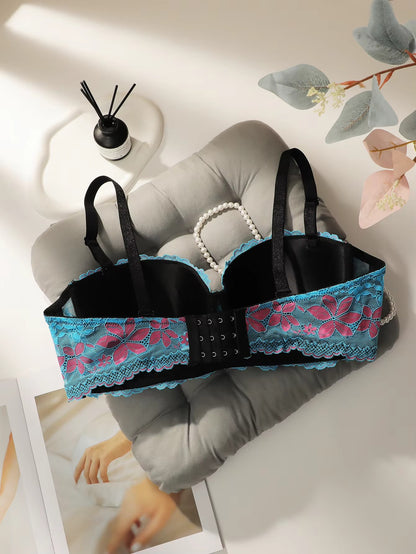 Women's sexy embroidered flower plus size underwear with steel rims gathered push up straps adjustable daily bra B2388