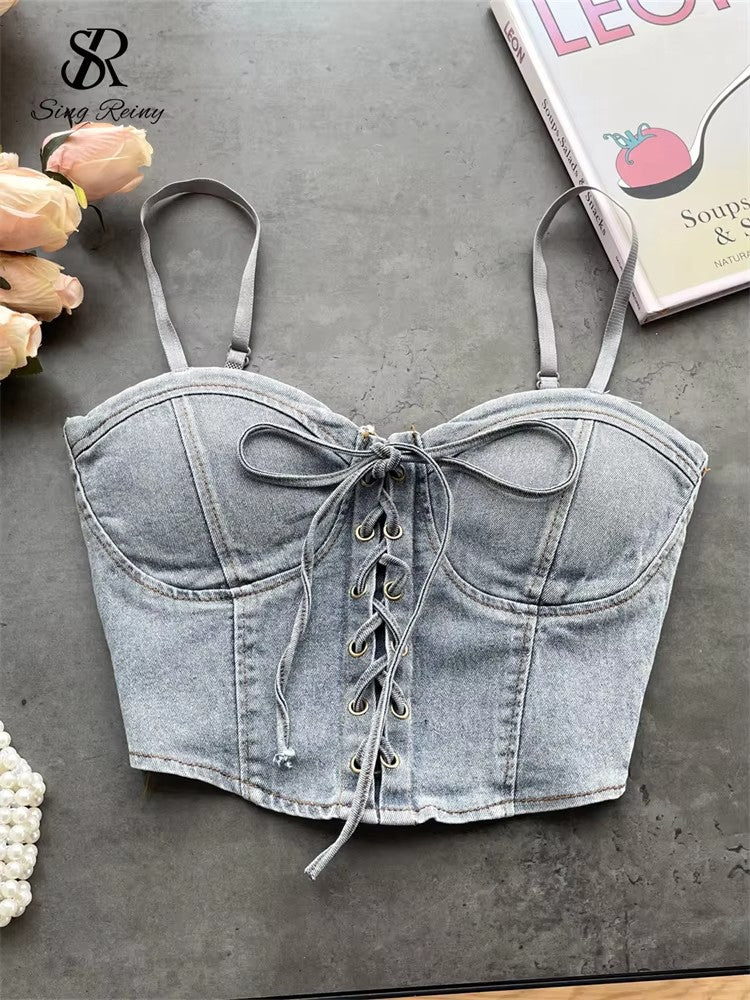 Fashion Women Sexy Denim Camisole Sleeveless Lace Up Skinny Tops 2024 Vintage Backless Elastics Short Streetwear Camis
