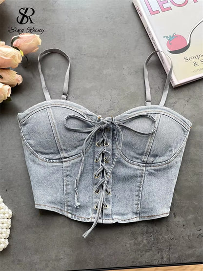 Fashion Women Sexy Denim Camisole Sleeveless Lace Up Skinny Tops 2024 Vintage Backless Elastics Short Streetwear Camis
