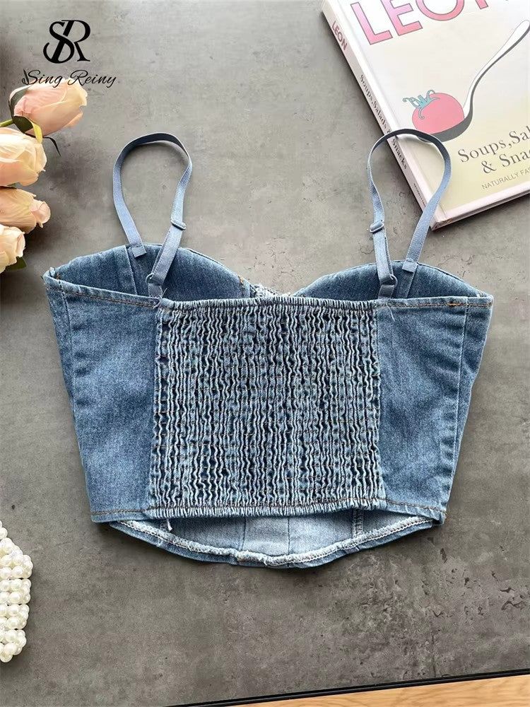 Fashion Women Sexy Denim Camisole Sleeveless Lace Up Skinny Tops 2024 Vintage Backless Elastics Short Streetwear Camis