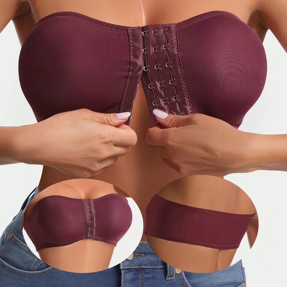 Plus Size Women's Front Fastening Bandeau Bras Strapless Push Up Wirefree Comfortable Bra Strapless Everyday Padded Bralette