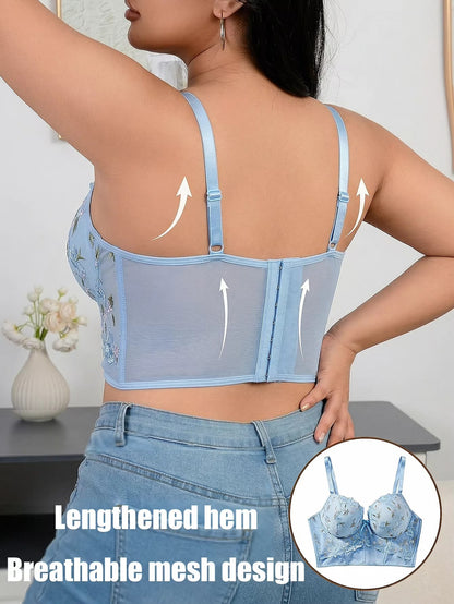 Women's Floral Embroidery Lace Push Up Bra With Underwire Longline Shaping Side Support Minimizer Comfortable Bra