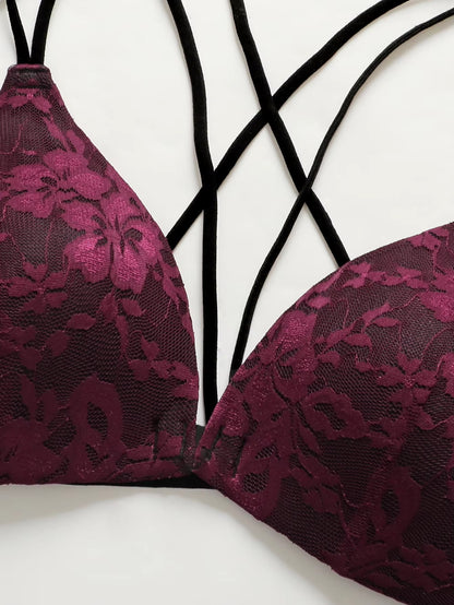 Sexy Burgundy Red Lace Wireless Front Closure Bra Set Push Up Padded Bralette & G-string Women Romantic Lingerie