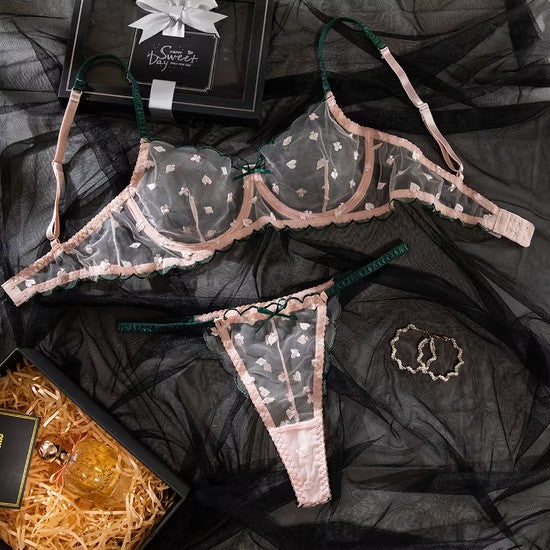 Contrast Color Thin Woman Bra Set Sexy Transparent Mesh Thin Woman Lingerie