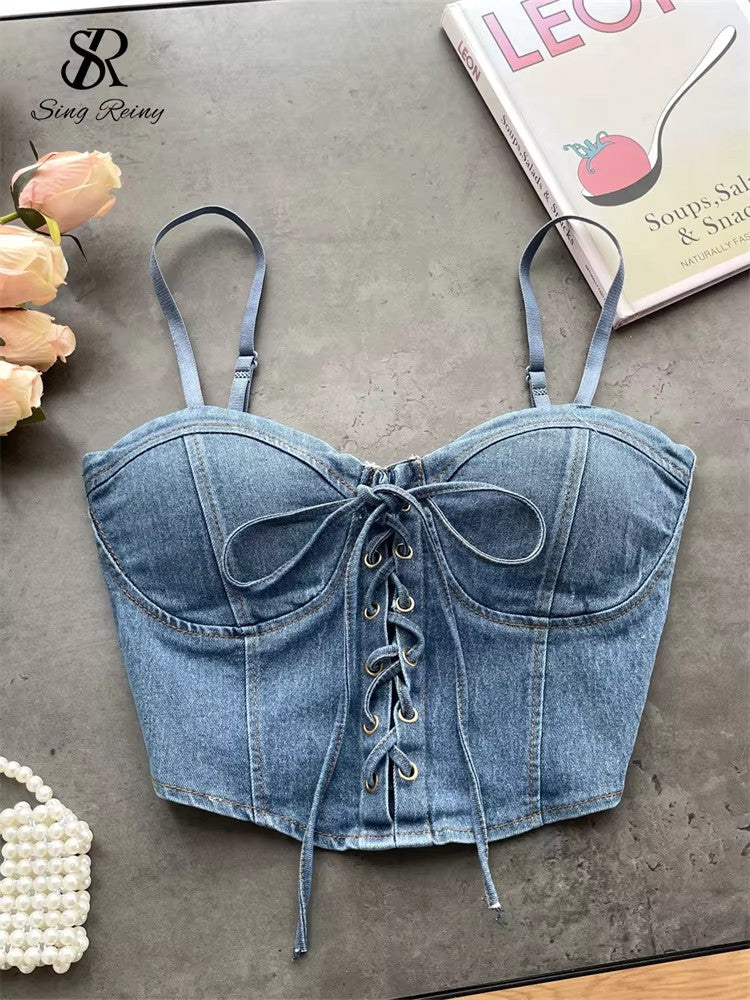 Fashion Women Sexy Denim Camisole Sleeveless Lace Up Skinny Tops 2024 Vintage Backless Elastics Short Streetwear Camis