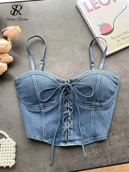 Fashion Women Sexy Denim Camisole Sleeveless Lace Up Skinny Tops 2024 Vintage Backless Elastics Short Streetwear Camis