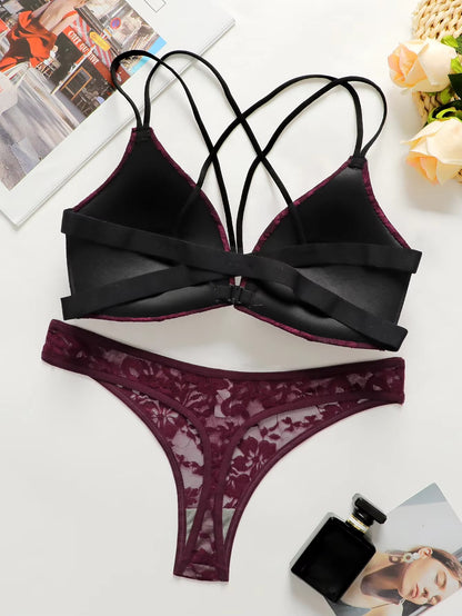 Sexy Burgundy Red Lace Wireless Front Closure Bra Set Push Up Padded Bralette & G-string Women Romantic Lingerie