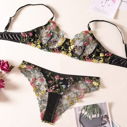 Sexy Transparent Mesh Embroidery Underwear and Panty Set Hot Temptation Woman Lingerie
