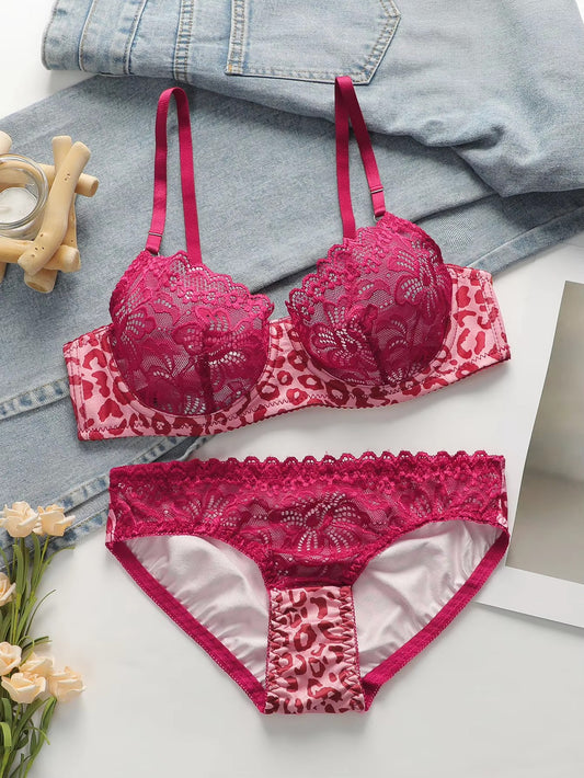 Womens Lace Lingerie Sets Underwire Bra Non Padded Bra And Panty 2 Pack Push Up Bra Set Pink Leopard Print Bra
