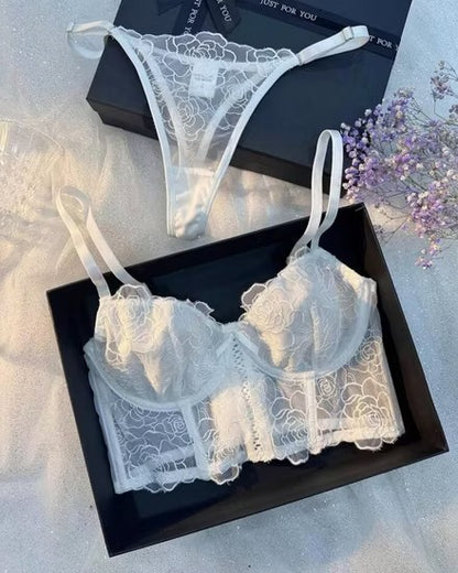 Sexy Erotic Fish-Bone Embroidery Flower Bra Set See Through Mesh Woman Lingerie