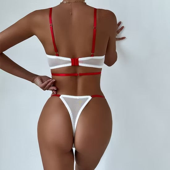 Transparent Mesh Bow Underwear Set Sexy Floral Embroidery Woman Lingerie