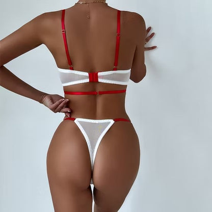 Transparent Mesh Bow Underwear Set Sexy Floral Embroidery Woman Lingerie