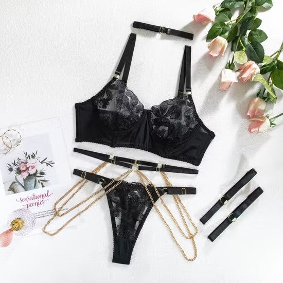Transparent Mesh Underwear Set Sexy Erotic Metal Chain Embroidery Lingerie