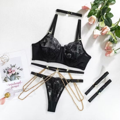 Transparent Mesh Underwear Set Sexy Erotic Metal Chain Embroidery Lingerie