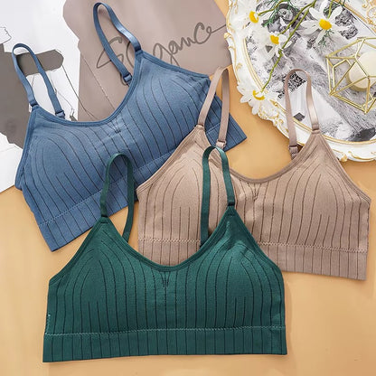 Women Ribbed Knit Wireless Bralette Adjustable Removable Pads Soft Daily Camisole Bra Lingerie Top