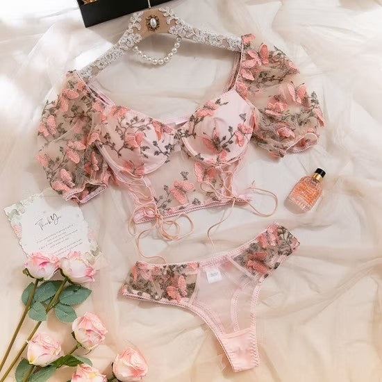Floral Embroidery Bubble Sleeve Underwear Set Sexy See-Through 2-Piece Lingerie