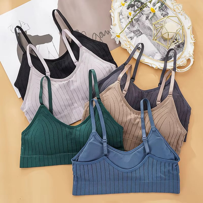 Women Ribbed Knit Wireless Bralette Adjustable Removable Pads Soft Daily Camisole Bra Lingerie Top