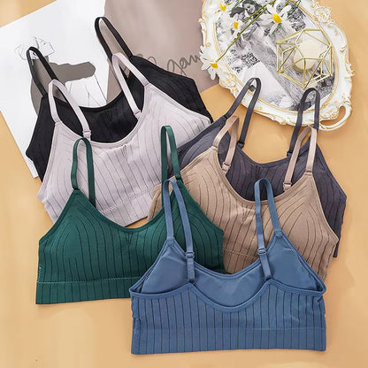 Women Ribbed Knit Wireless Bralette Adjustable Removable Pads Soft Daily Camisole Bra Lingerie Top