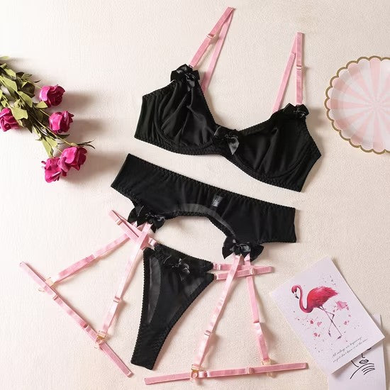 Sexy Bowknot Transparent Mesh Color Contrast Bra Set Hot Selling Garter Belt Woman Lingerie
