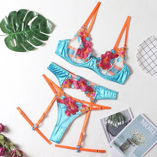 Woman Sexy High Quality Floral Embroidered Underwear Set Hot Transparent Lingerie