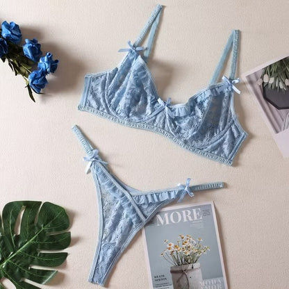 Sexy See-Through Ruffles and Bows Bra Set Hot Selling Delicate Solid Color Woman Lingerie