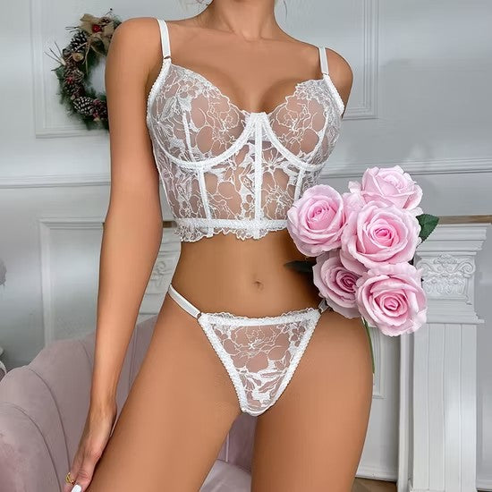 Embroidery Lace Fishbone 2 Piece Underwear Set Sexy Erotic Women's Lingerie