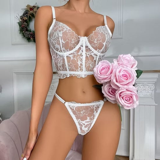 Embroidery Lace Fishbone 2 Piece Underwear Set Sexy Erotic Women's Lingerie