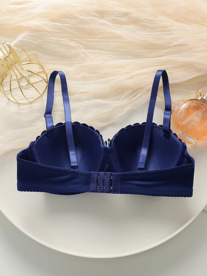 Sexy Blue Push Up Bow Bra Women Underwired Padded Bras Back Smoothing Breathable Full Cup Comfortable Daily Lingerie