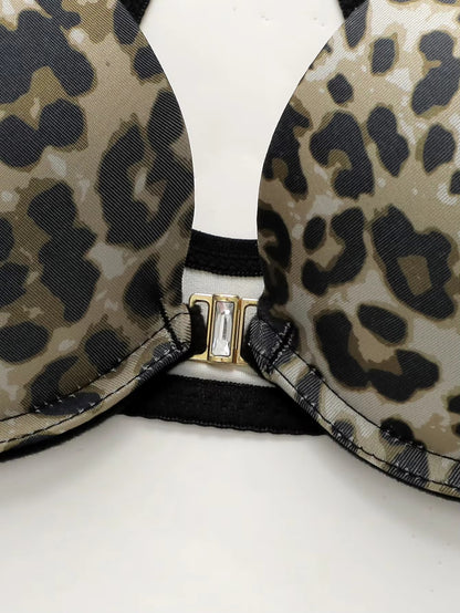 Women's Sexy Underwear Set Leopard Pattern Bra with Steel Ring Front Closure Comfortable and Breathable Lace Panty