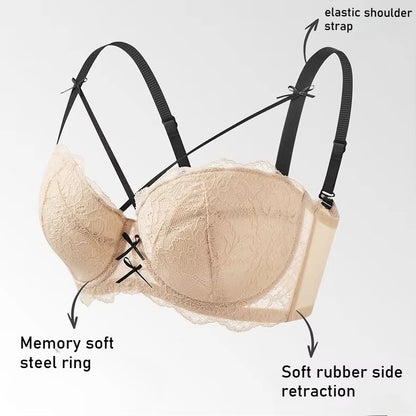 Half Cup Hot Bra for women Gathered Bowknot Brassiere Large Size Push Up Lace Tube Top Lace Big Chest Revealing Small Lace Bra
