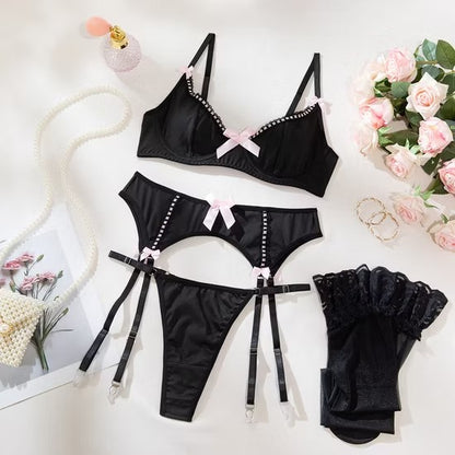 Ultra-Thin Bowknot Underwear Set with Stockings Sexy Erotic 4 PCS Lingerie