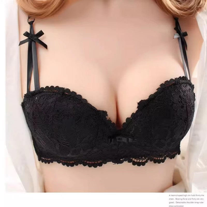 Xmas Red Bra! Slimming Adjustable Demi Cup, Small Bust Gathering Set | Ultra Thin Lingerie 32A-42D