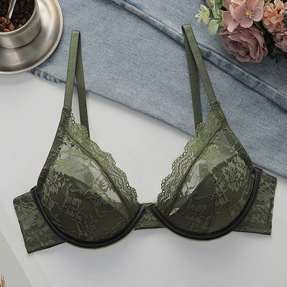 Women Sexy Floral Lace Underwire Bra Deep V Neck Unpadded Lingerie Comfortable Adjustable Straps Elegant Green Everyday Bras