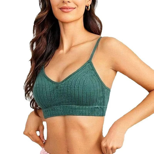 Women Ribbed Knit Wireless Bralette Adjustable Removable Pads Soft Daily Camisole Bra Lingerie Top