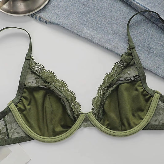 Women Sexy Floral Lace Underwire Bra Deep V Neck Unpadded Lingerie Comfortable Adjustable Straps Elegant Green Everyday Bras