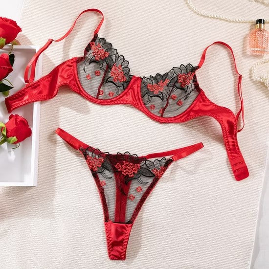 Sexy Embroidery Floral Ultra-Thin Underwear Set New Fashion Contrast Color Transparent Lingerie