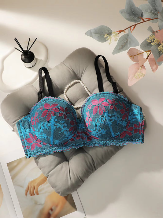 Women's sexy embroidered flower plus size underwear with steel rims gathered push up straps adjustable daily bra B2388
