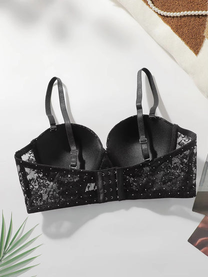 Women's Sexy Lace Bra with Diamond Detail Underwire Padded Breathable Adjustable Straps Gathered Push up Underwear MR3012