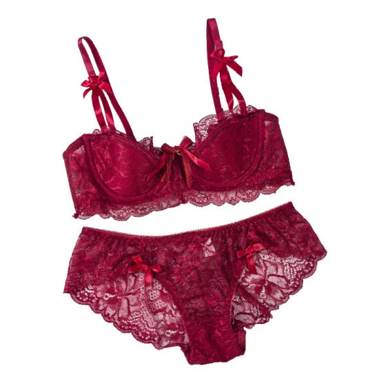 Lacy Lingerie Ladies Sexy Thin Section with Steel Ring Gathered Translucent Large Breast Show Small Side of The Bra Set