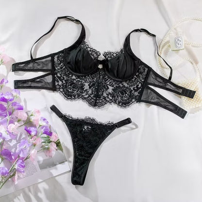 Eyelash Lace Embroidery Flower Fish-Bone Underwear Set Sexy See-Through Lingerie