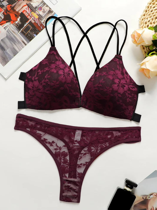 Sexy Burgundy Red Lace Wireless Front Closure Bra Set Push Up Padded Bralette & G-string Women Romantic Lingerie