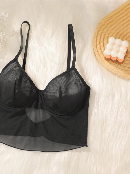 Women's Mesh Underwire Bra Sheer Lace Push Up Bralette with Adjustable Straps Bow Detail Sexy Lingerie Black