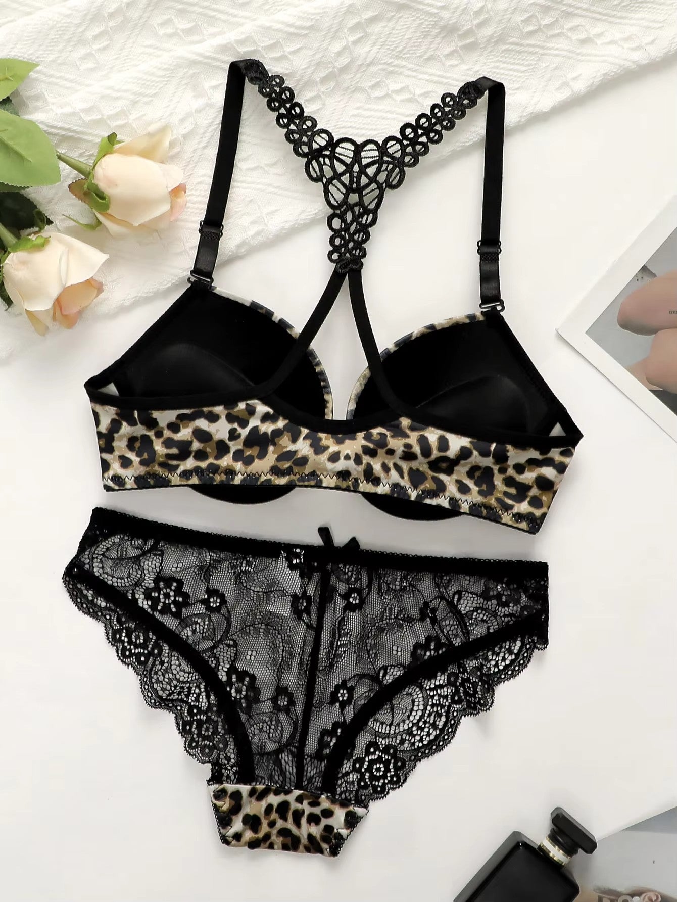 Women's Sexy Underwear Set Leopard Pattern Bra with Steel Ring Front Closure Comfortable and Breathable Lace Panty