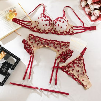 Heart-Shaped Embroidery Woman Underwear Set Sexy Transparent Mesh Lingerie