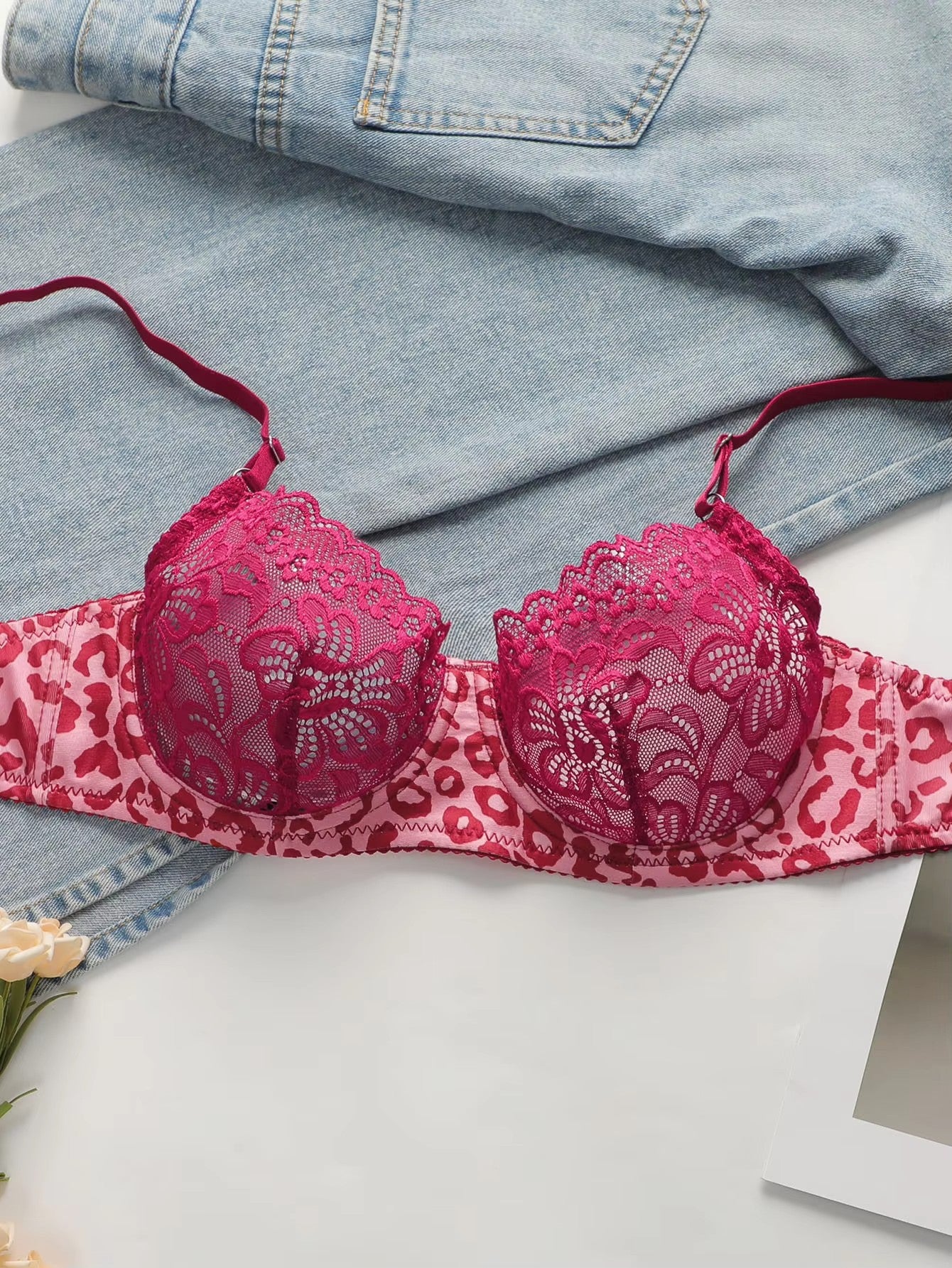 Womens Lace Lingerie Sets Underwire Bra Non Padded Bra And Panty 2 Pack Push Up Bra Set Pink Leopard Print Bra