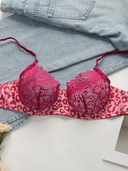 Womens Lace Lingerie Sets Underwire Bra Non Padded Bra And Panty 2 Pack Push Up Bra Set Pink Leopard Print Bra