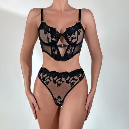New Fishbone Flower Embroidery Underwear Set Sexy Ultra-Thin Mesh Woman Lingerie